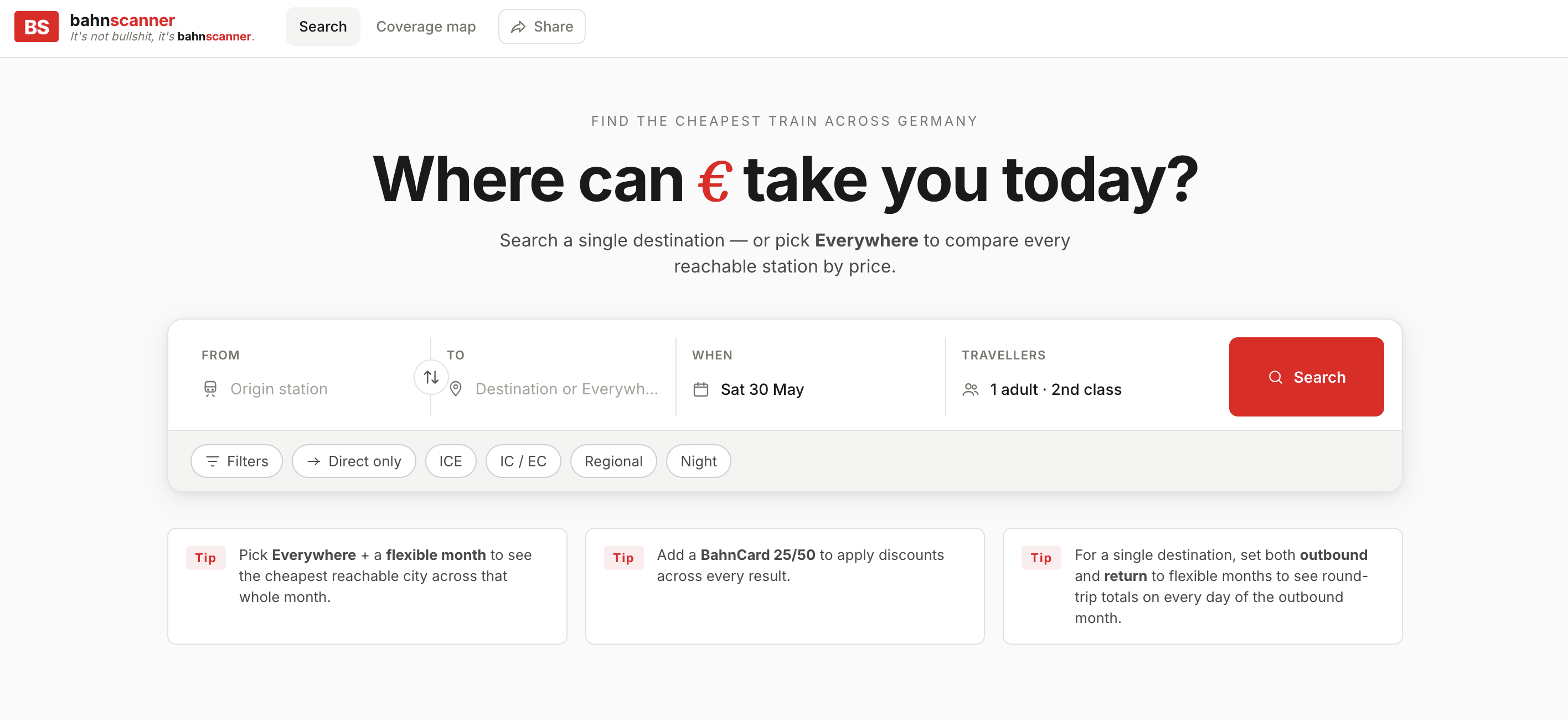 Bahnscanner web app: a Deutsche Bahn cheapest-fare search with an Everywhere mode.