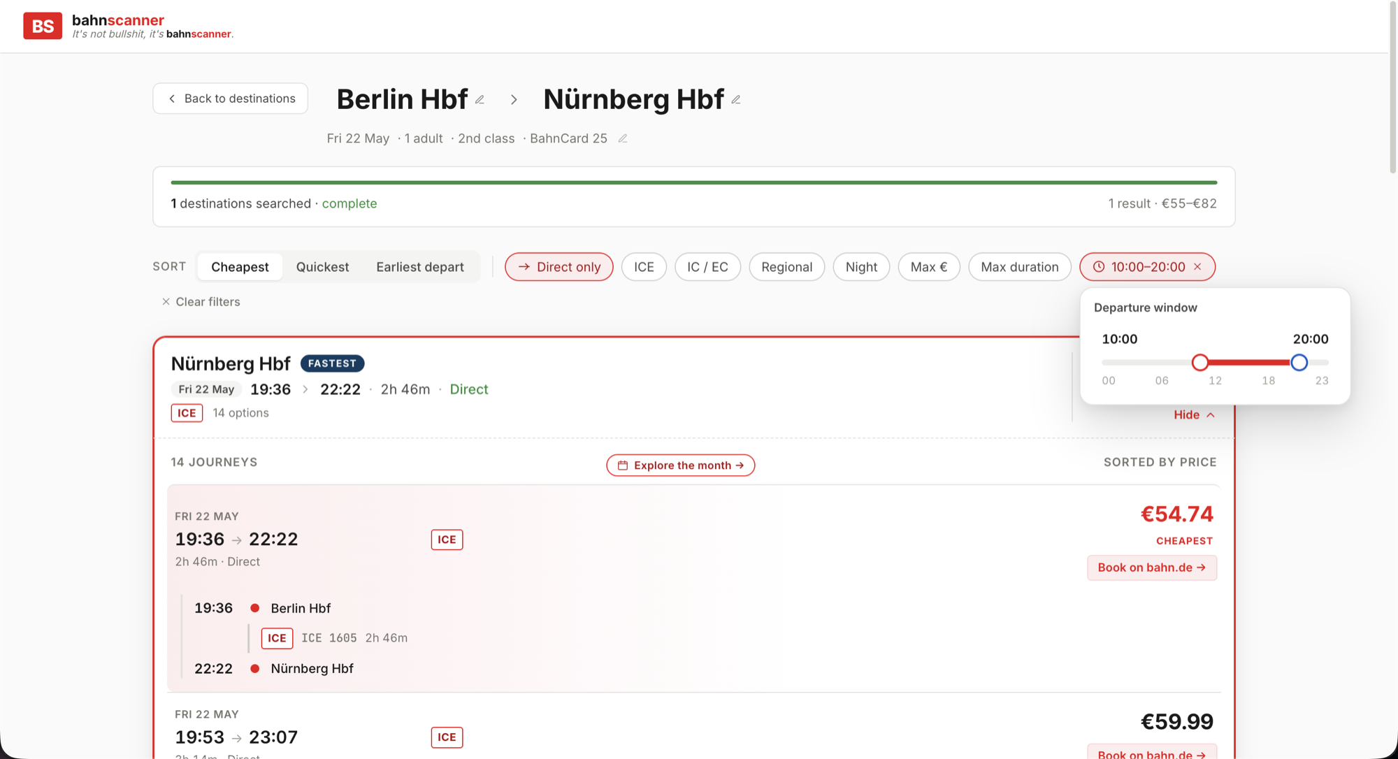 Bahnscanner destination search: the cheapest day-by-day fares for a chosen route.