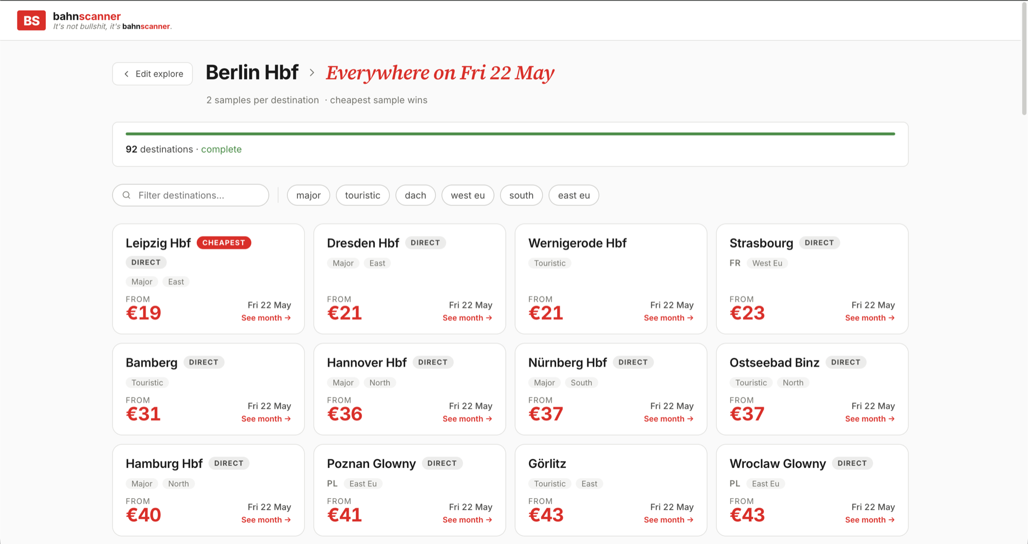 Bahnscanner Everywhere search: a list of European cities with the cheapest fares for a flexible month.