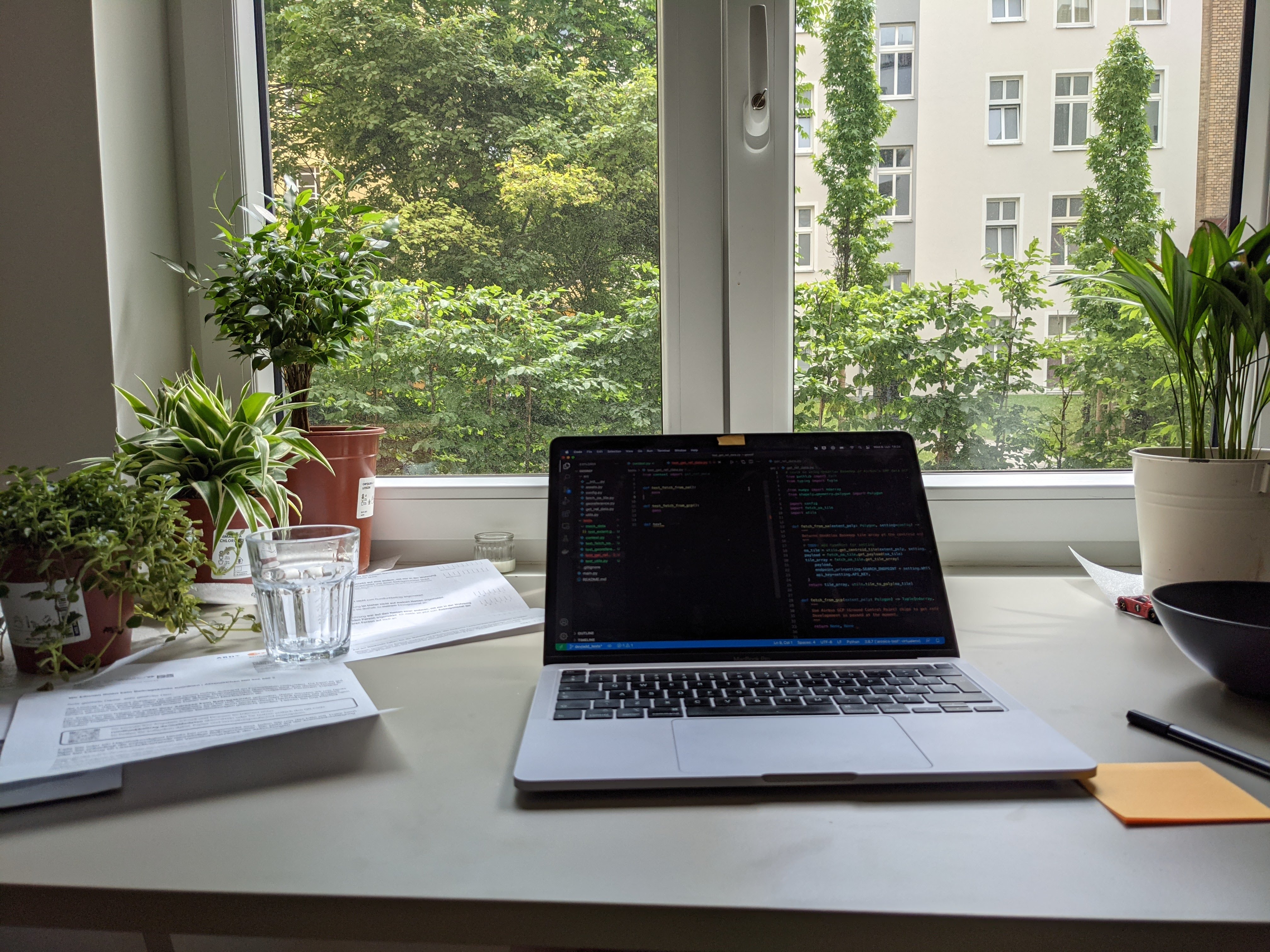 My desk by the window in Berlin — laptop open to a Python project, surrounded by plants.