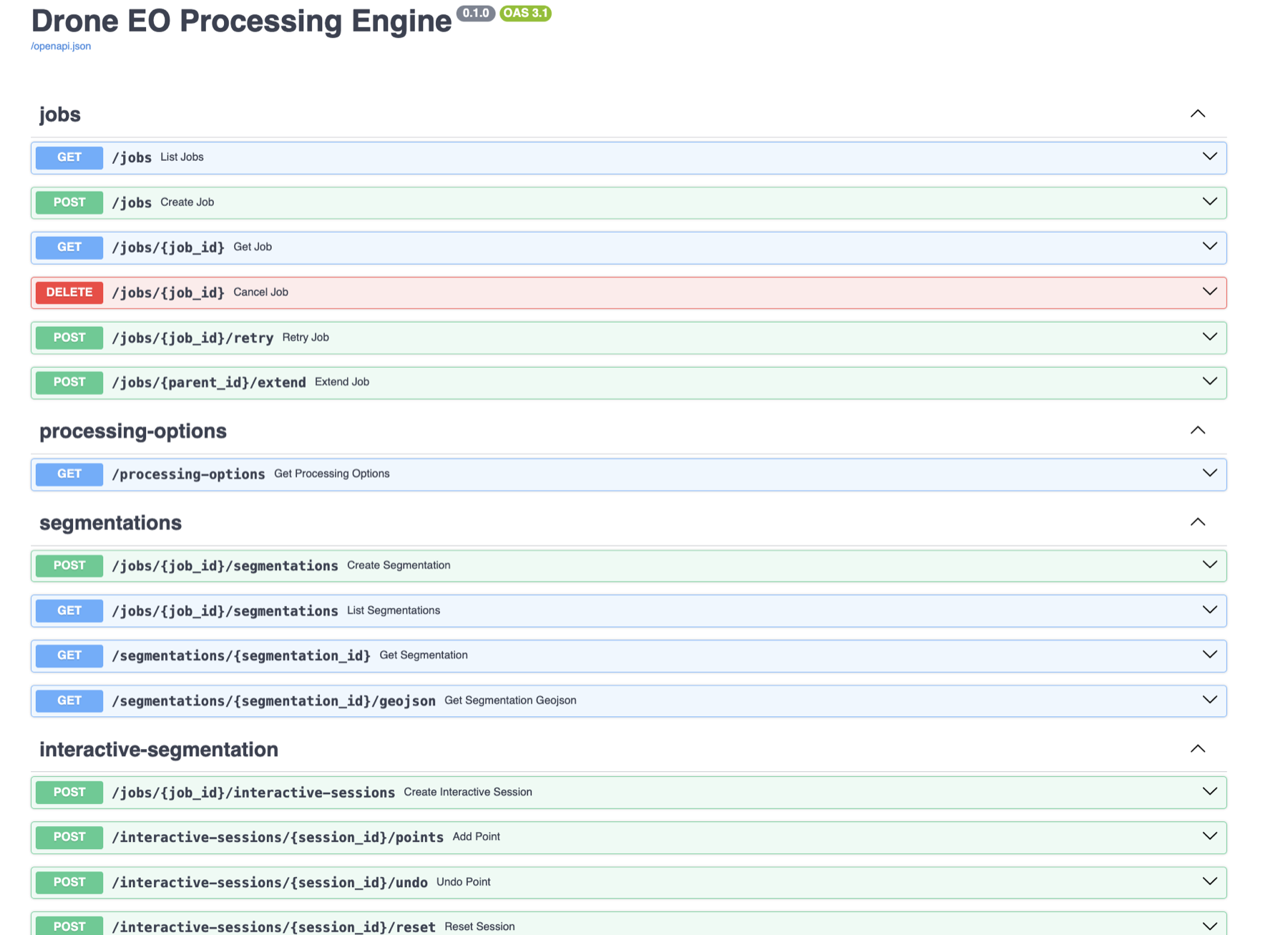 The generated API documentation, listing endpoints grouped under jobs, processing-options, segmentations and interactive-segmentation.