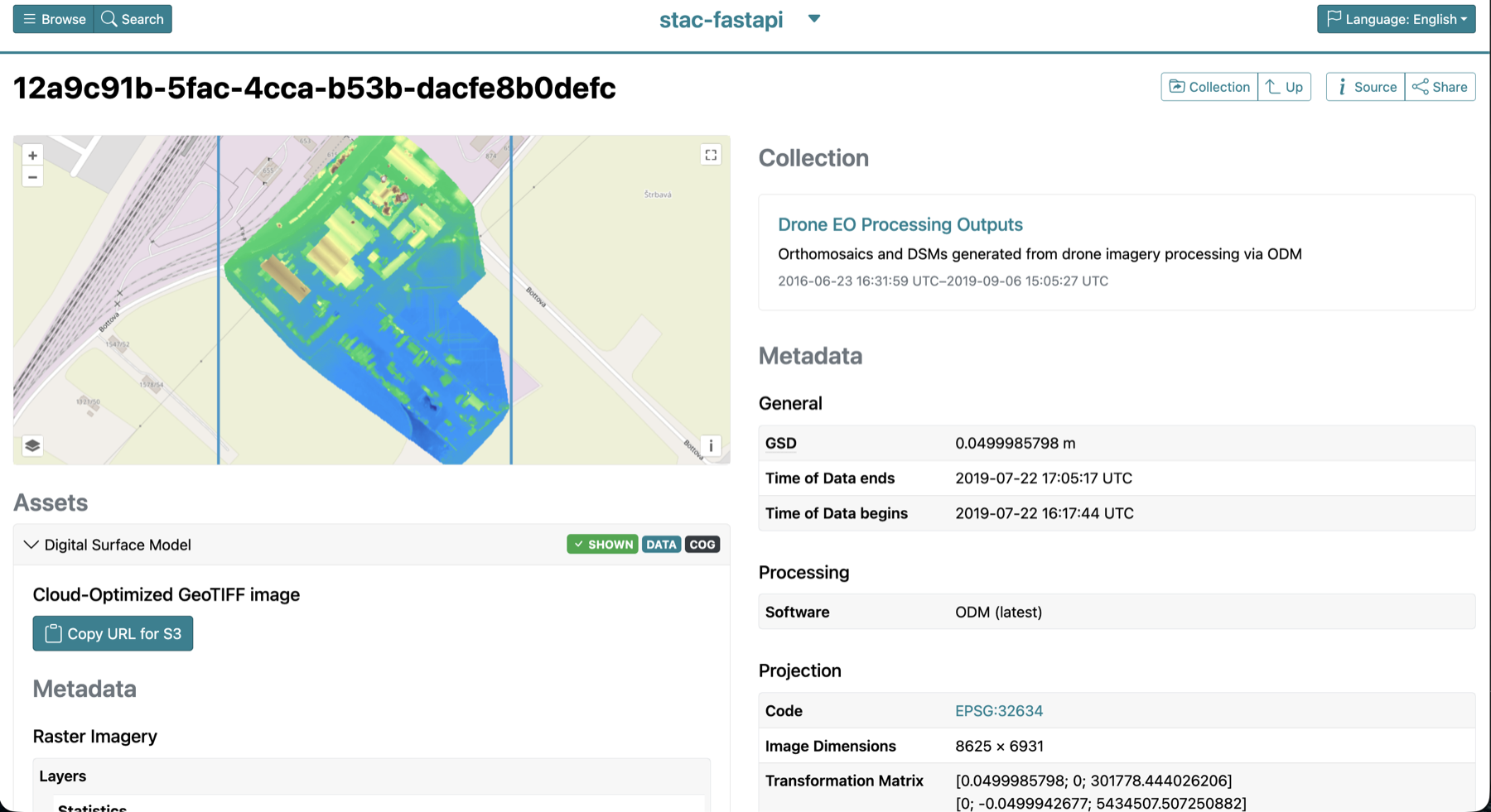 The same catalog entry with the digital surface model shown instead, rendered in a green-to-blue terrain colormap.