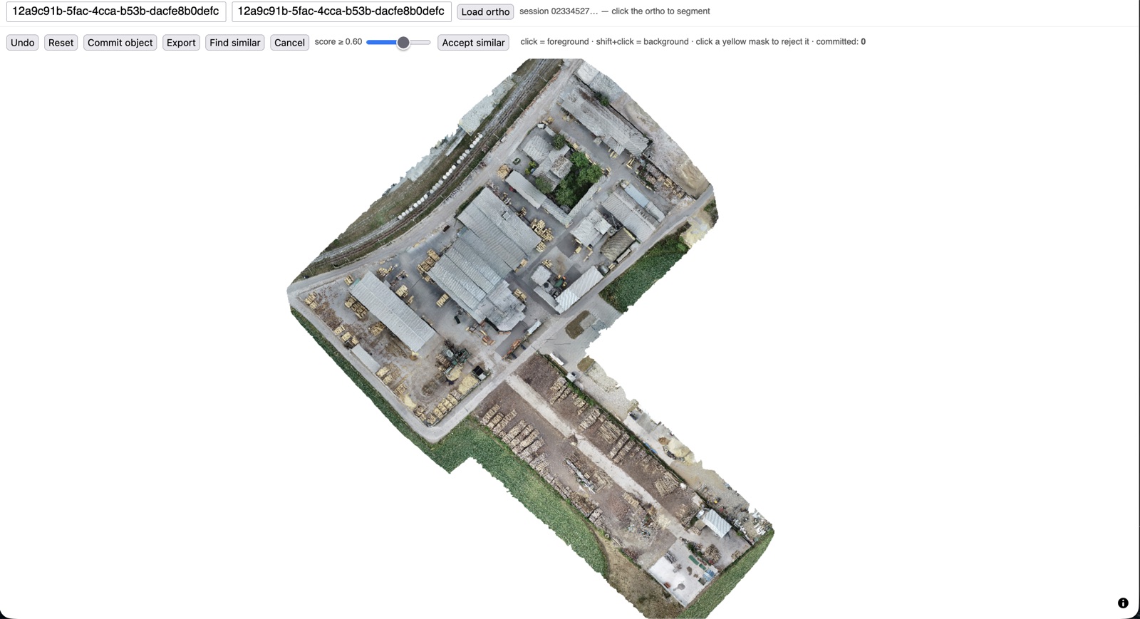 The interactive segmentation page: a drone orthomosaic of an industrial timber yard with a toolbar offering Undo, Reset, Commit object, Export, Find similar and a score threshold slider.