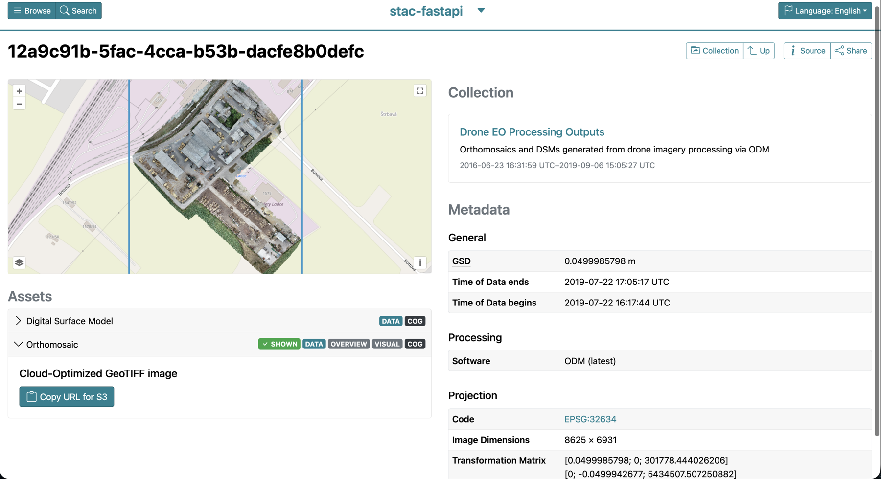 STAC Browser showing a processed job: the orthomosaic of a timber yard rendered as map tiles over an OpenStreetMap basemap, alongside its metadata.