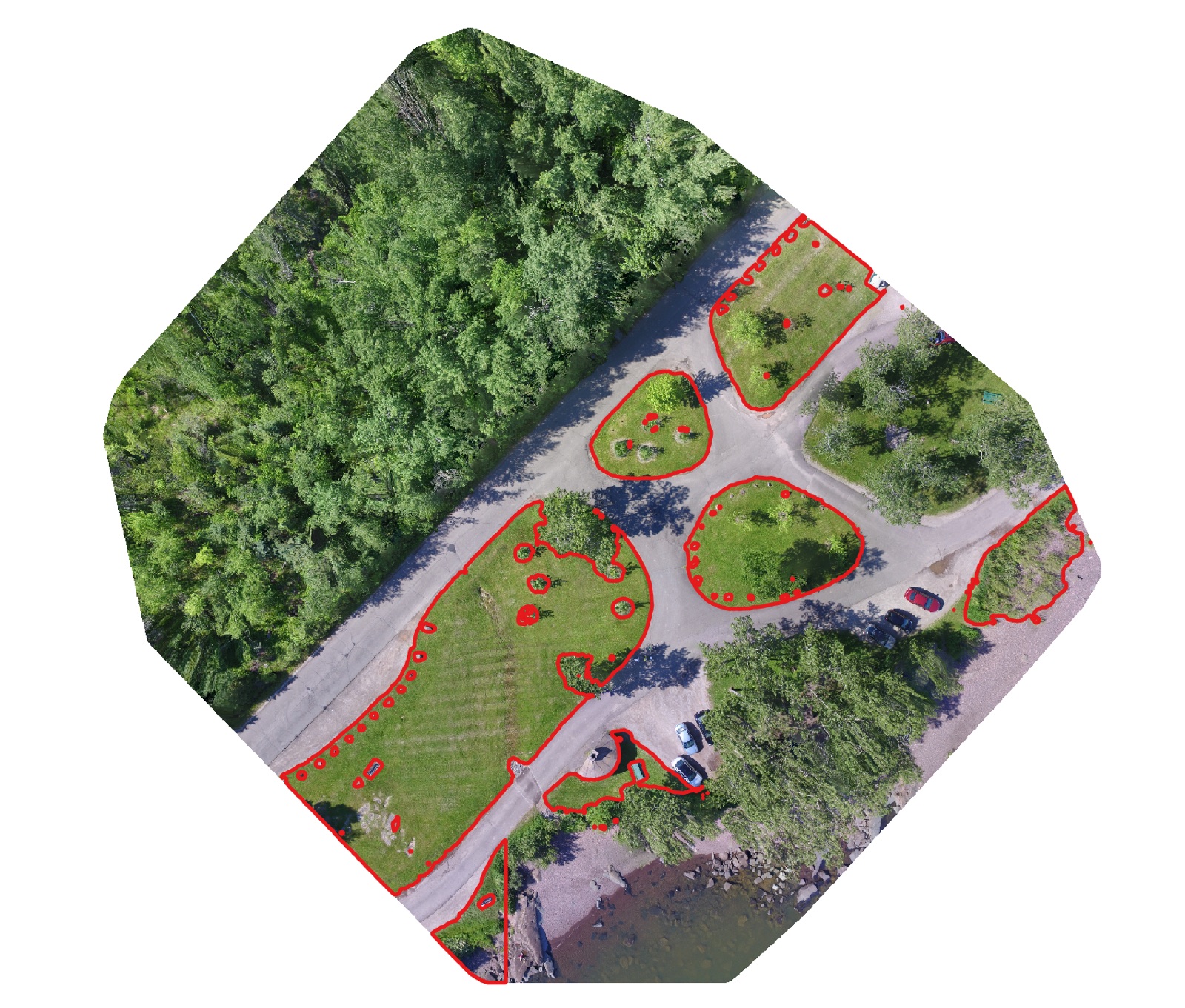 The same orthomosaic with the grass lawns and verges outlined in red instead of the cars.