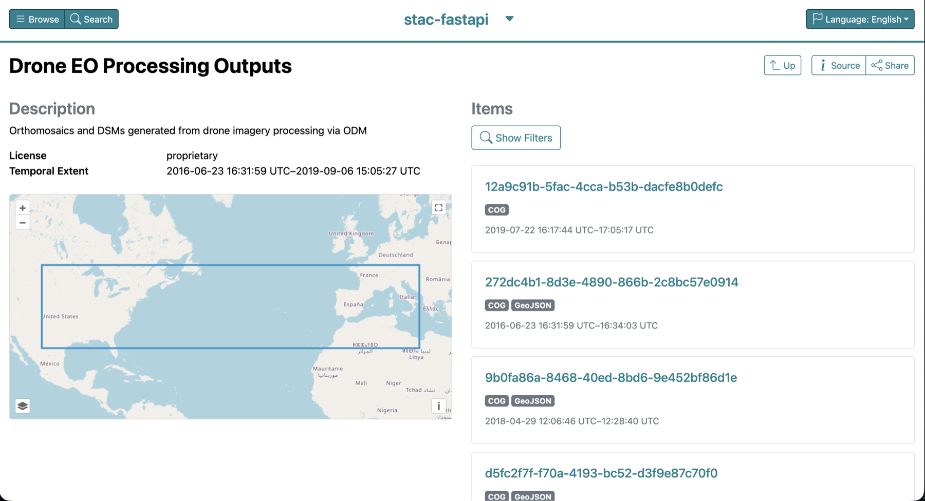 The catalog browser showing the processing outputs collection: a list of processed jobs with their asset types and capture dates, next to a map of their combined extent.